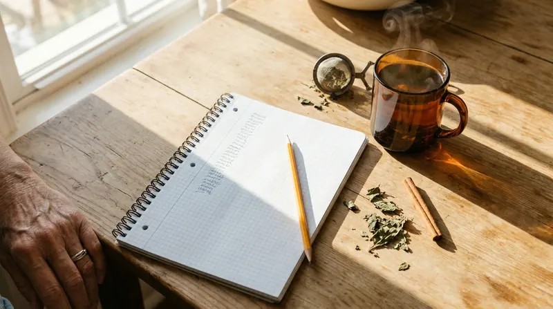 A graph-paper notebook open to a hand-drawn pencil column beside a steaming amber mug of herbal tea on a sunlit wooden kitchen table