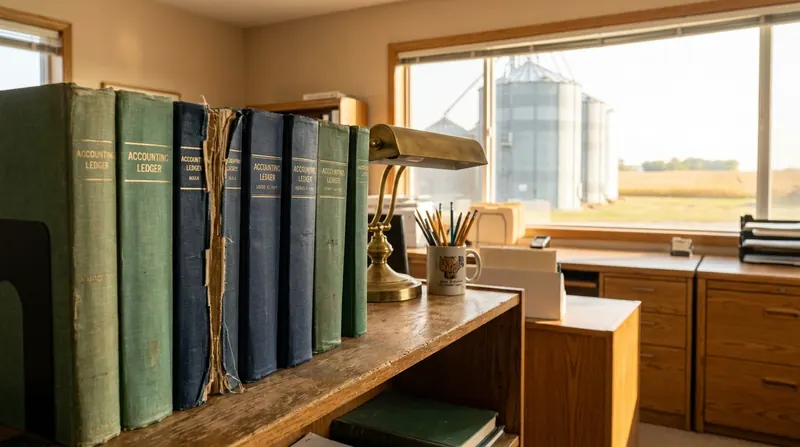 A row of old green clothbound accounting ledgers on a wooden office shelf beside a desk lamp