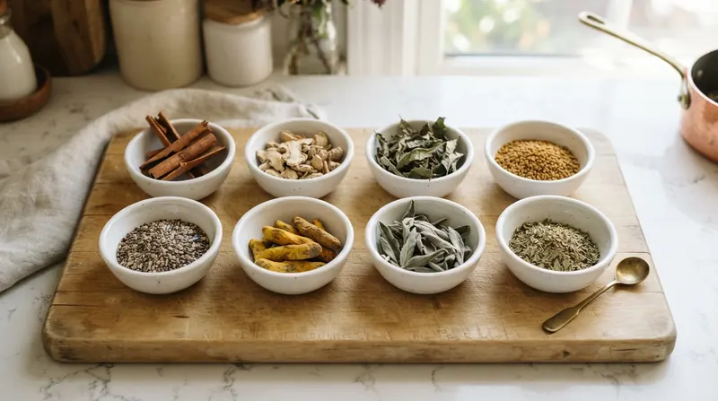 Eight small bowls of dried herbs and spices on a wooden board: cinnamon sticks, ginger root, holy basil, fenugreek seeds, milk thistle seeds, turmeric, sage and oregano