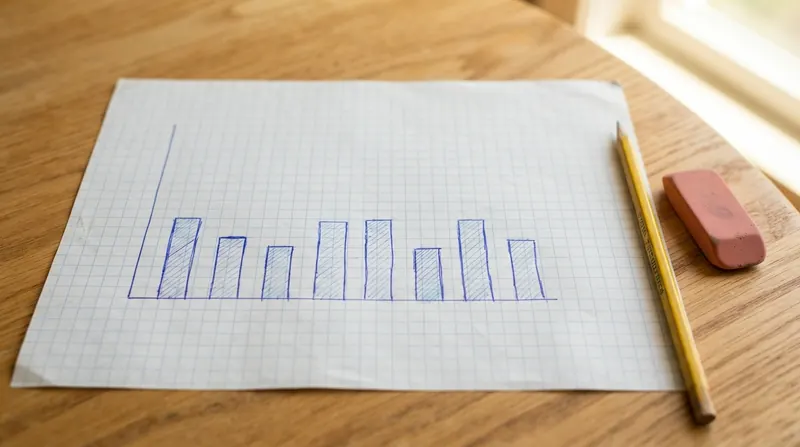 A hand-drawn chart in blue ink on graph paper with eight short bars of different heights beside a yellow pencil