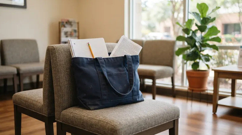A canvas tote bag on a clinic waiting room chair with a graph-paper notebook and a yellow pencil sticking out of it