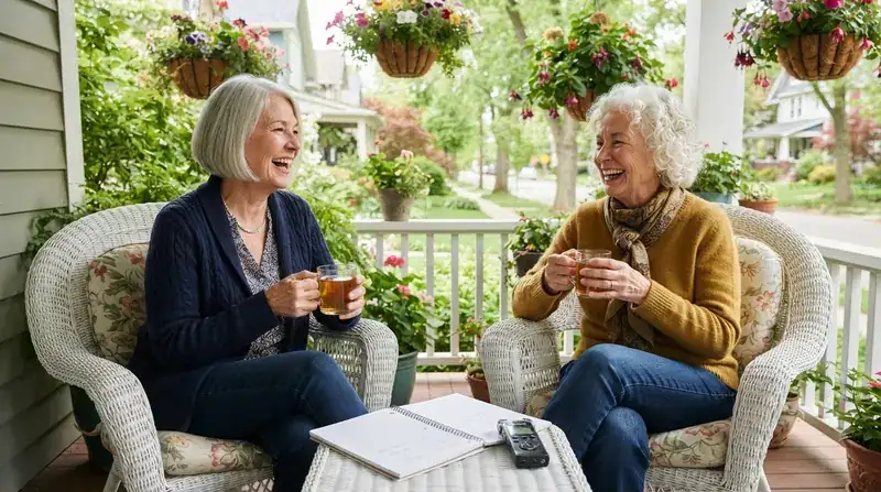 Two older women laughing on a front porch with mugs of tea, a small notebook and a little audio recorder on a wicker table