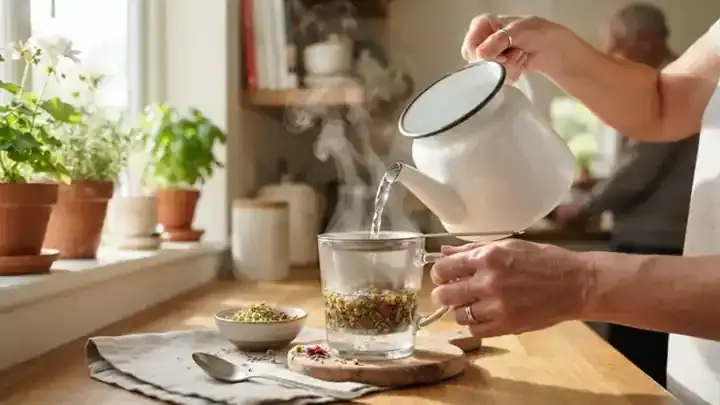 A kettle pouring boiling water over loose herbal tea in a mesh infuser inside a glass mug, steam rising, slow zoom