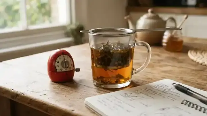Loose herbs steeping in a glass mug with a basket infuser beside an old wind-up egg timer on a kitchen table, slow zoom